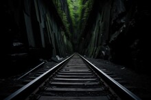 Rail Tracks Leading Into A Dark Tunnel