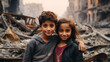 Arab boy and girl smile at city destroyed in war