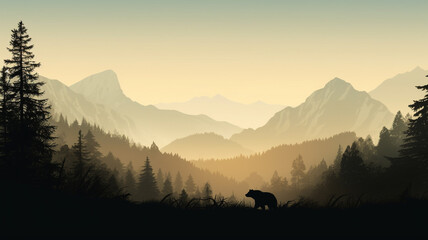 Wall Mural - Silhouette of bear climb up hill. Tree in front, muntains and forest in background