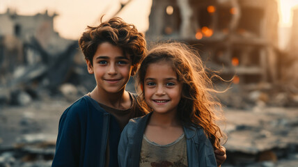 Arab boy and girl smile at city destroyed in war