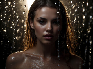 Wall Mural - young sexy woman with wet hair sits on knees on ground under raindrops on black background. Woman dressed in white underwear swimsuit. portrait. modelling, people concept