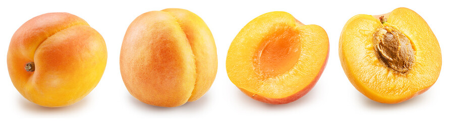 Wall Mural - Set of ripe apricots and apricot halves on white background. File contains clipping path.