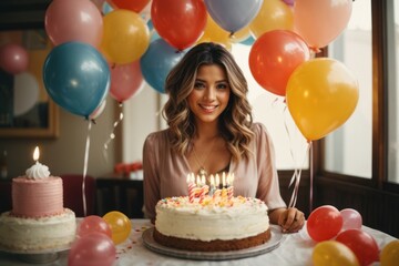 Wall Mural - Close-up of a beautiful woman with a smile and joy celebrating her birthday with a cake with burning candles on a background of colorful balloons.