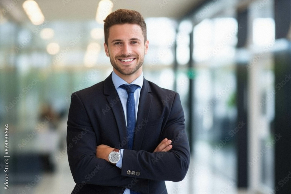Portrait of young businessman in suit with arms crossed in the office ...