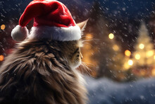Cat With A Santa Hat From Behind, Looking At A Christmas Village In The Snow. Generative AI