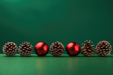 Row of red christmas ball decorations with green background