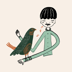 Vector design of man and songbird against beige background