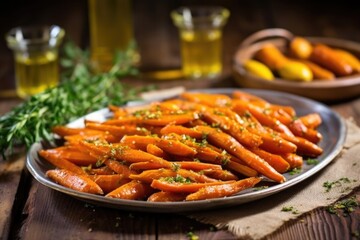 Wall Mural - side view of smoked carrots on a rustic table