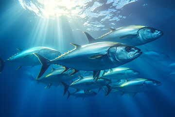 Wall Mural - A flock of tuna fish in light water