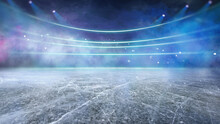 Blue Ice And Cracks On The Surface Of The Ice. Frozen Lake With Ice Hockey Goal.