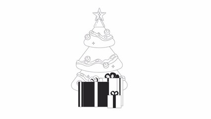 Poster - Gifts Christmas-tree shining bw 2D object animation. Festive celebration outline cartoon 4K video, alpha channel. Giftboxes presents under xmas tree animated element isolated on white background
