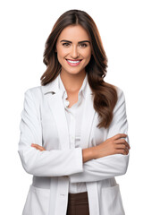 a happy female pharmacist standing with your arms crossed with confidence isolated on transparent ba