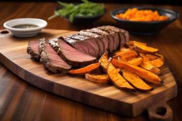 Poster - brisket slices with a side of salted sweet potato fries on a wooden dish