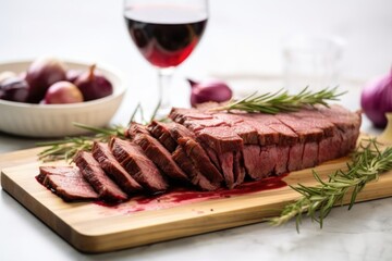 Sticker - wide-shot of brisket slices on a marble board, accompanied by red wine