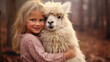 © Анастасия Козырева - A little girl takes care of an alpaca on a farm.