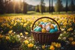 Osterkorb im Blumenfeld: Fröhliches Osterfest inmitten bunter Blüten.