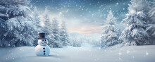 Winter Background With A Snowman In A Winter Snowy Forest. New Year Header For A Website With Copy Space.
