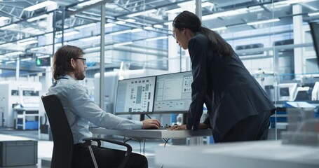 Poster - Handsome Engineer and a Beautiful International Business Manager Having a Conversation and Using Desktop Computer. Specialists Setting Up Production Values at an Electronics Assembly Plant