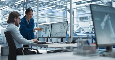 Fototapete - Experienced Male Engineer and Asian Chief Technology Officer Working at a Modern Industrial Factory, Using Computer and Discussing Production of Modern Electronics for Artificial Intelligence Machines