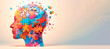 Leinwandbild Motiv Illustration banner design of human profile made of colorful puzzle pieces. Knowledge and logic concept. Header with connecting jigsaw puzzle pieces with copy space.