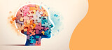 Fototapeta  - Illustration banner design of human profile made of colorful puzzle pieces. Knowledge and logic concept. Header with connecting jigsaw puzzle pieces with copy space.