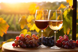 Two glasses of white and red wine with grapes on vineyard terrace at sunset