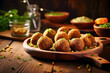 Fried falafel balls with parsley on a wooden board