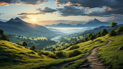 Wall Mural - Quiet landscape with green fields and a beautiful mountain valley