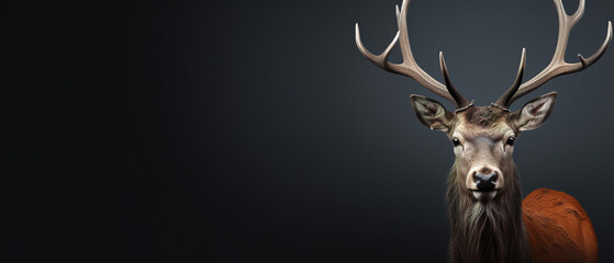Wall Mural - Front view of Red Deer on dark gray background. Wild animals banner with copy space