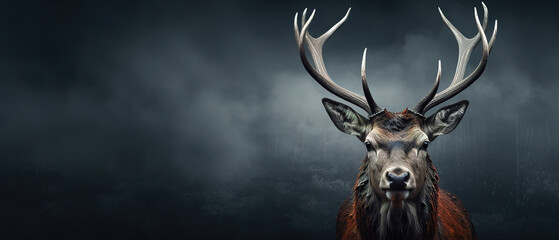 Wall Mural - Front view of Red Deer on dark gray background. Wild animals banner with copy space