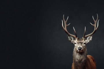 Wall Mural - Front view of Red Deer on dark gray background. Wild animals banner with copy space