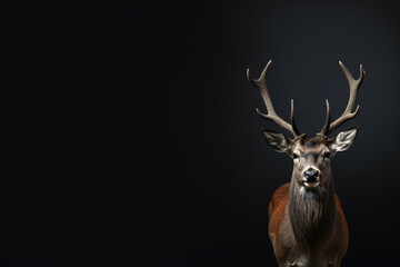 Wall Mural - Front view of Red Deer on dark gray background. Wild animals banner with copy space