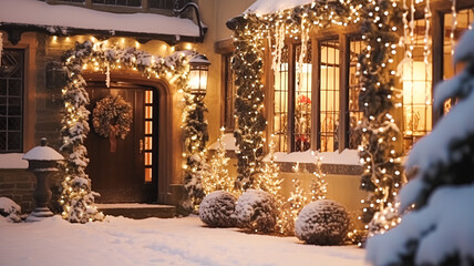 Christmas in the countryside manor, English country house mansion decorated for holidays on a snowy winter evening with snow and holiday lights, Merry Christmas and Happy Holidays