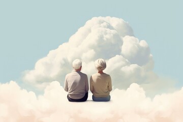 senior couple sit together in clouds illustration