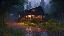 A Beautiful Cottage In The Middle Of Rain Forest During Evening. Rain On House. Generative AI.