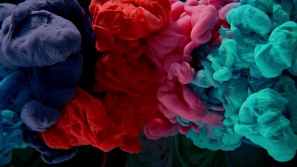 Poster - Super Slow Motion of Colored Paints Mixing in Water. Isolated on Black Background. Filmed on High Speed Cinema Camera, 1000fps. Speed Ramp Effect.