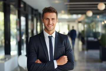 Wall Mural - Portrait of young businessman in suit in the office.