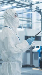 Aufkleber - Vertical Screen: Industrial Scientist Wearing Protective Suit to Be Protected From Chemical and Biological Dangers. Female Using Tablet Computer, Monitoring Production Process at a Biotechnology Plant
