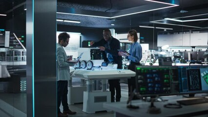 Fototapete - Diverse Team of Industrial Specialists Working on Remotely Controlled Robot, Using a Laptop. Young Male and Female Engineers Discussing an Autonomous AI Delivery Assistant Prototype, Brainstorming
