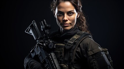 A Beautiful female special agent commando smiling in operational gear and weapons.