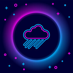 Wall Mural - Glowing neon line Cloud with rain icon isolated on black background. Rain cloud precipitation with rain drops. Colorful outline concept. Vector