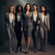 Five diverse businesswomen in tailored suits confidently walking towards the camera with a poised stride