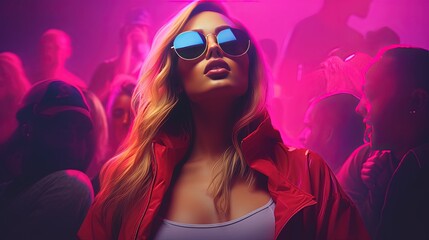 Wall Mural - Night party. A large group of young people dances in a nightclub. Young sexy woman in sunglasses in the spotlight.