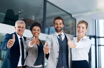 Aufkleber - Portrait, thumbs up or group of business people in agreement, support or collaboration together in office. Community, teamwork or happy employees smile with diversity, yes sign or like hand gesture