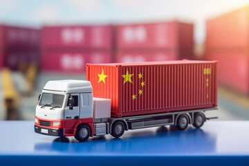 Wall Mural - China export and import logistics concept. Red Container with yellow star in port