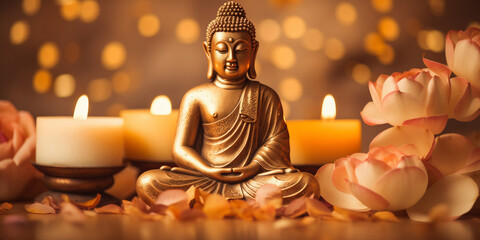 Wall Mural - buddha statue meditate with golden aura on yellow lotus background with light bokeh. banner vesak da