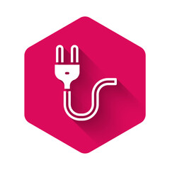 Poster - White Electric plug icon isolated with long shadow. Concept of connection and disconnection of the electricity. Pink hexagon button. Vector