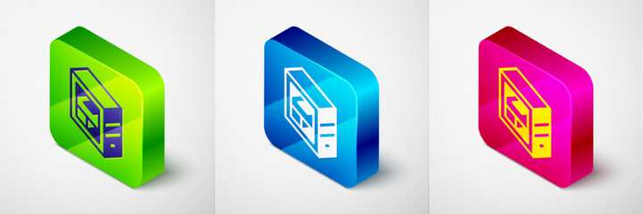 Poster - Isometric Computer icon isolated on grey background. PC component sign. Square button. Vector