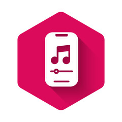 Wall Mural - White Music player icon isolated with long shadow background. Portable music device. Pink hexagon button. Vector