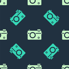 Poster - Green and beige Photo camera icon isolated seamless pattern on blue background. Foto camera. Digital photography. Vector